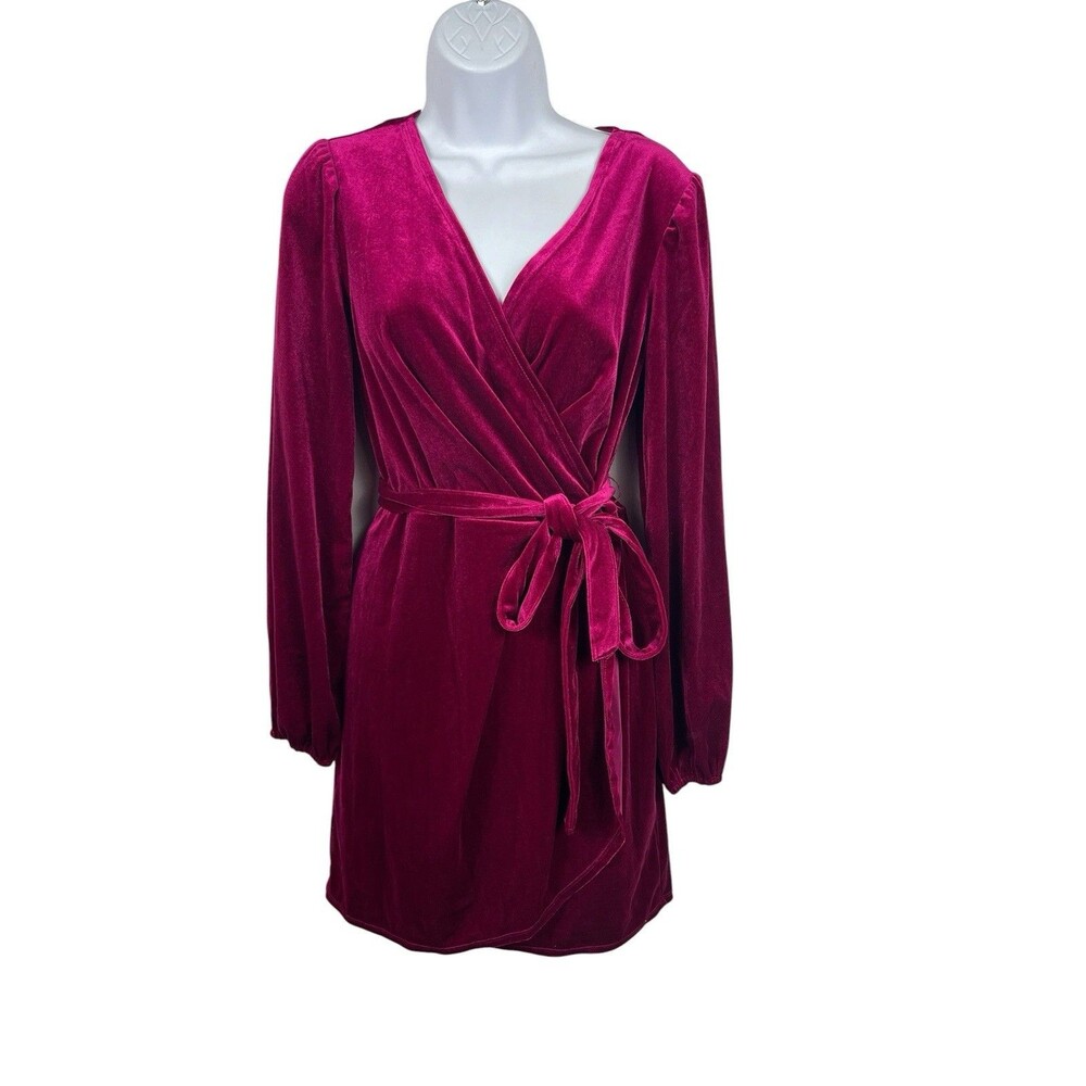 Nine West M Berry Velvet Wrap Dress Long Sleeve Tie Waist Holiday Cocktail
